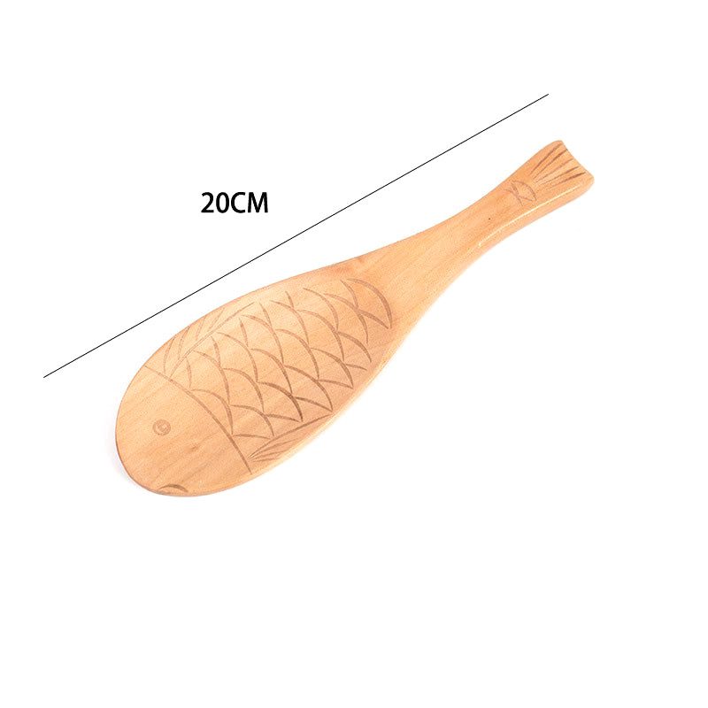 Cuillère à riz en bois beige à motif poisson, avec schéma des dimensions