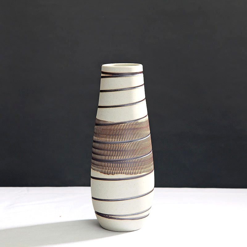 Vase en grès Kaze beige et marron élancé à bandes