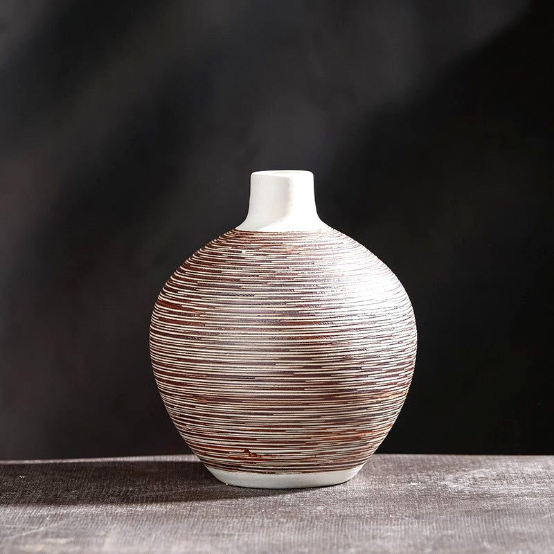 Vase en grès Kaze marron rayé sphérique à col étroit