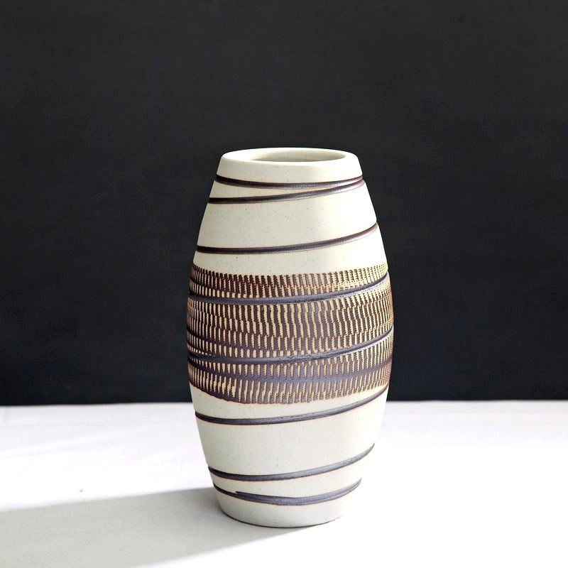 Vase en grès Kaze beige et marron évasé à bandes texturées