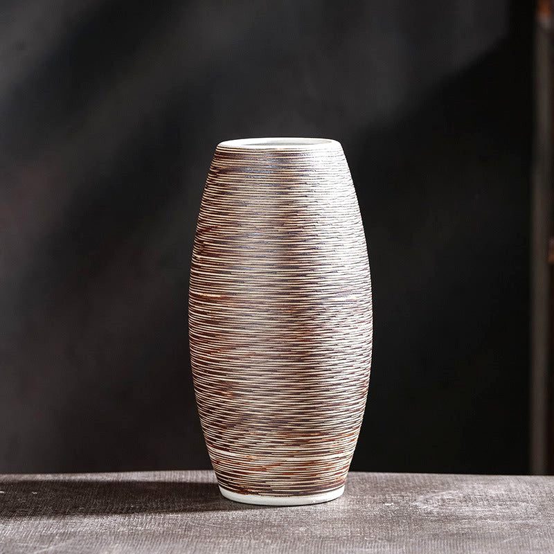Vase en grès Kaze marron rayé évasé, vue de face