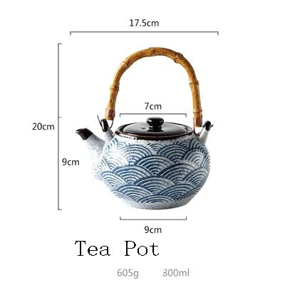 Théière japonaise Tīpotto à motif seigaiha bleu avec schéma des dimensions