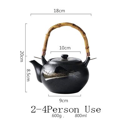 Théière japonaise Tīpotto noire à touche dorée avec schéma des dimensions