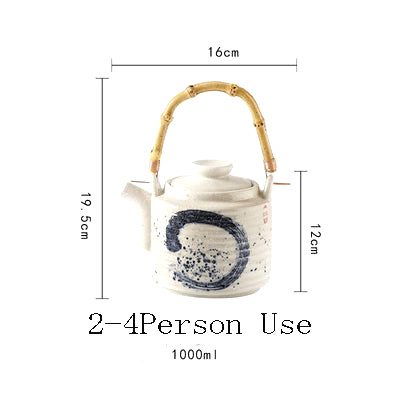 Théière japonaise Tīpotto blanche à cercle bleu avec schéma des dimensions