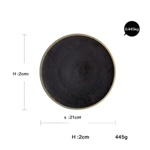 Assiette Inoue en grès émaillé noir vue de dessus, avec schéma des dimensions