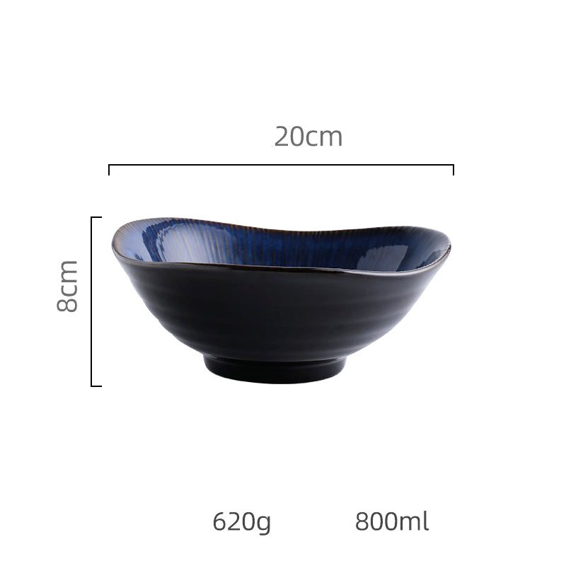 Bol ramen Nōkon bleu à pied noir, vue de profil avec schéma des dimensions