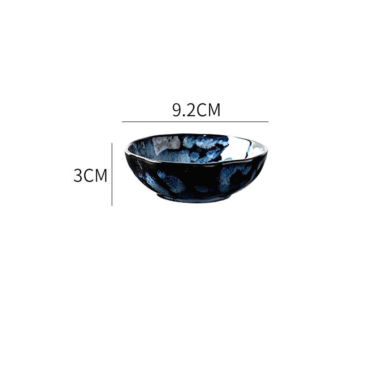 Petit bol Mahōtsukai bleu vu de profil avec schéma des dimensions