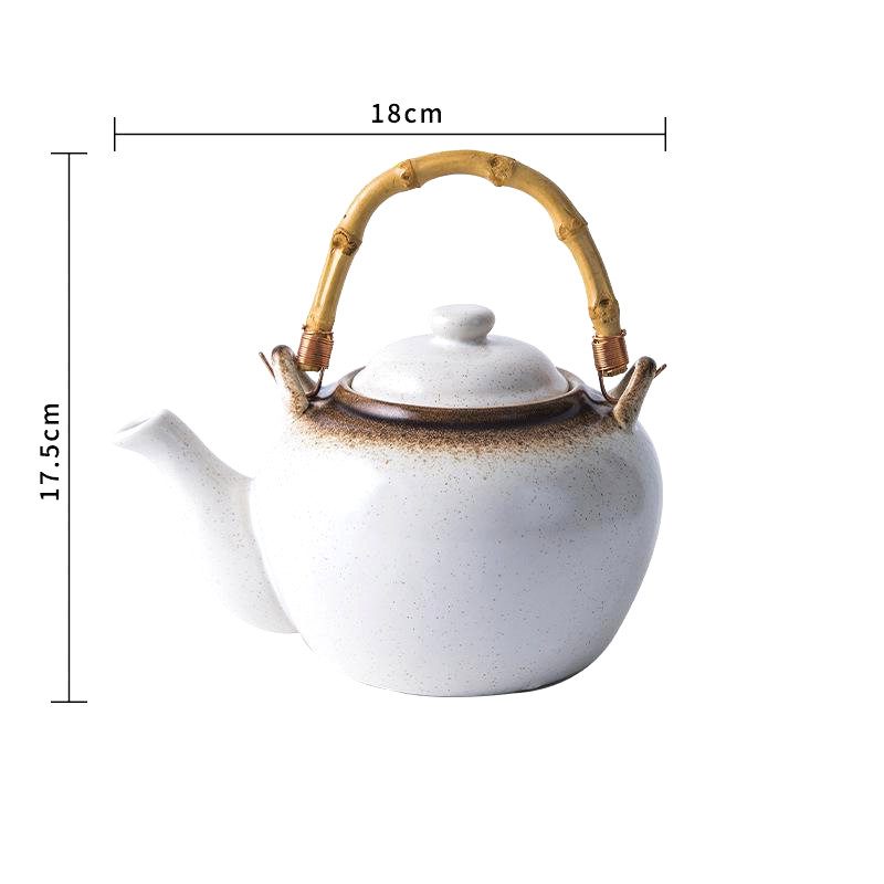 Théière japonaise Tamashiro blanche à bord brun avec schéma des dimensions