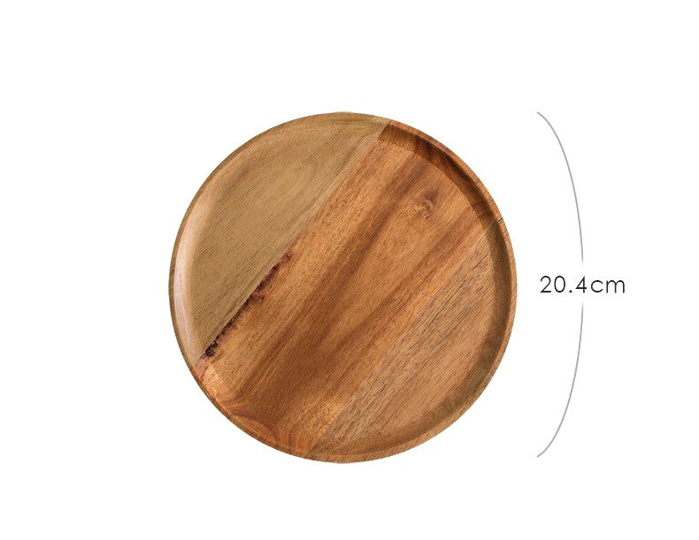 Plateau rond Giichi moyen en acacia, avec schéma des dimensions