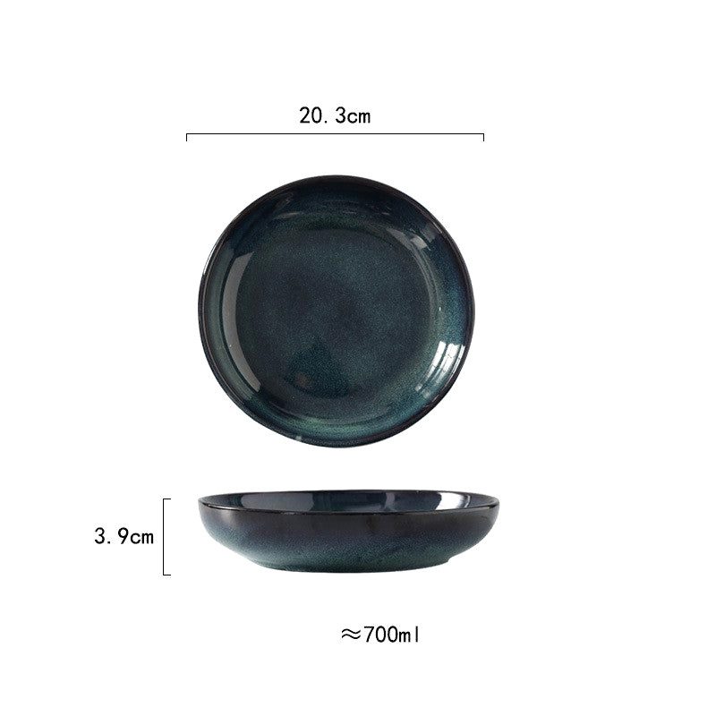 Petite assiette creuse Middonaitoburū bleu nuit, vues de dessus et de profil avec schéma des dimensions
