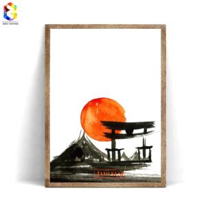 Affiche Dessin à l'encre modèle Arche fond blanc, portique et soleil orange