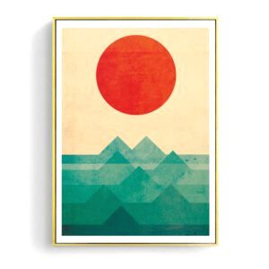 Affiche Soleil sur la montagne, soleil orange au-dessus de montagnes vertes
