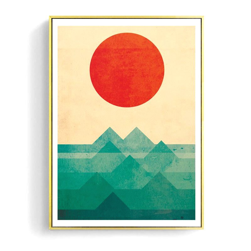 Affiche Soleil sur la montagne, soleil orange au-dessus de montagnes vertes
