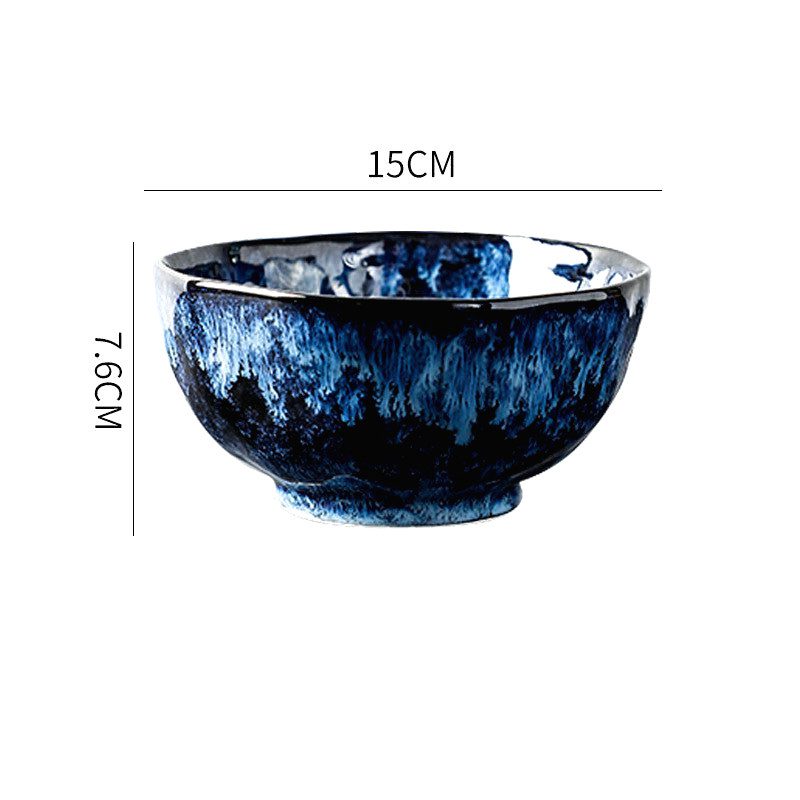Bol à nouilles Mahōtsukai bleu vu de profil avec schéma des dimensions