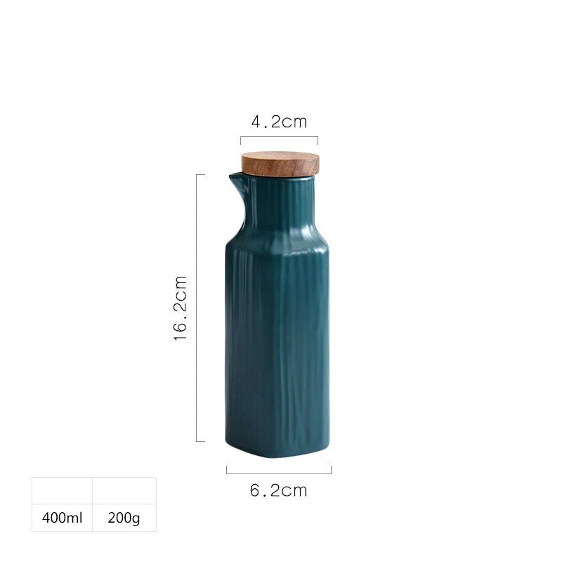 Bouteille en céramique Kanpaï verte à bouchon en bois, avec schéma des dimensions