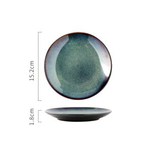 Petite assiette bleue en céramique Mihara, dessus et profil avec schéma des dimensions