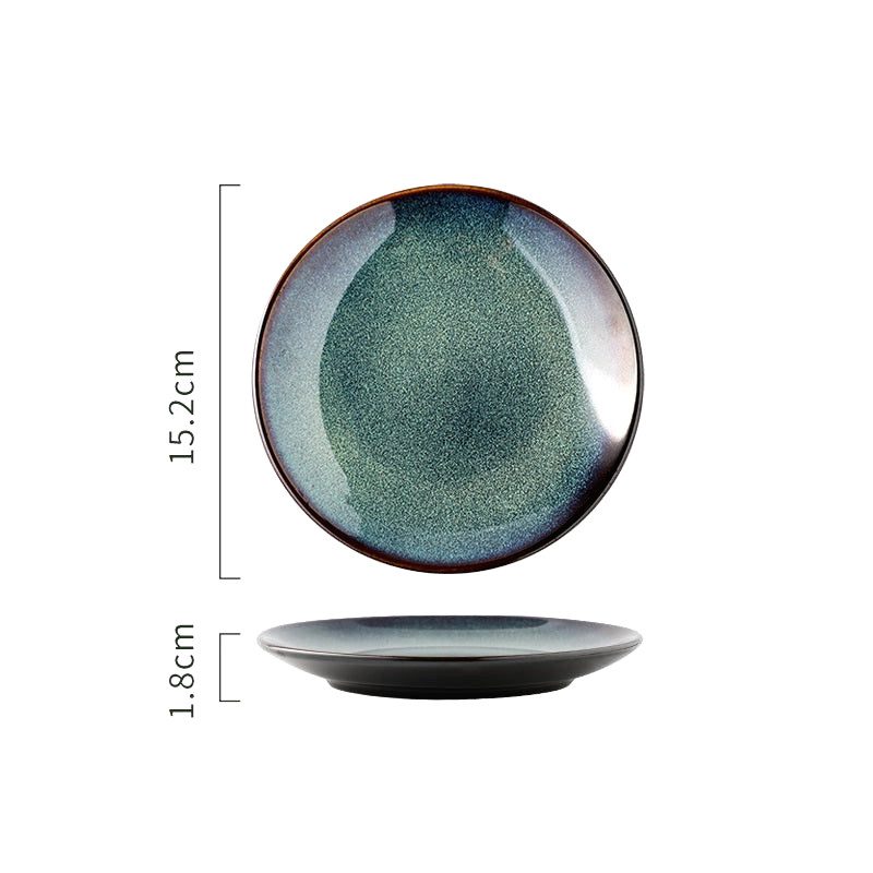 Petite assiette bleue en céramique Mihara, dessus et profil avec schéma des dimensions