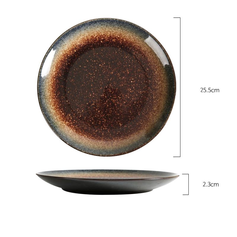 Grande assiette Nomi brune vue de dessus et de profil, avec schéma des dimensions