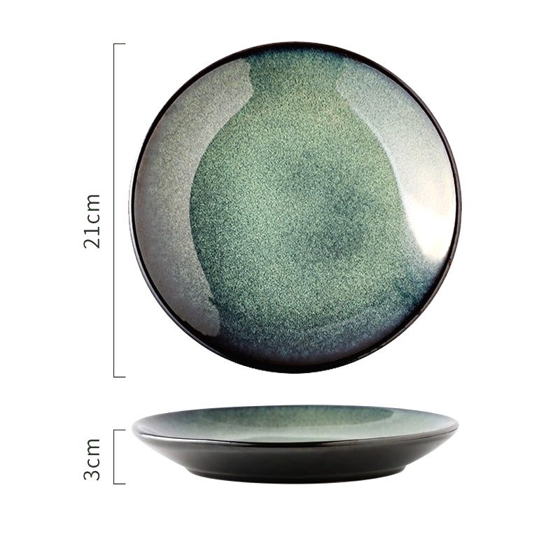 Assiette bleue Mihara de taille moyenne, dessus et profil avec schéma des dimensions