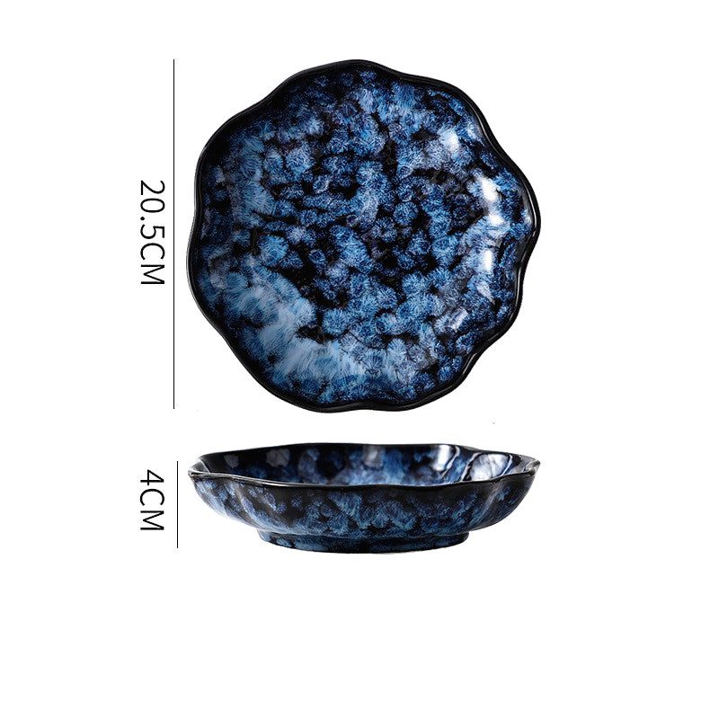 Assiette creuse Mahōtsukai bleue, dessus et profil avec schéma des dimensions
