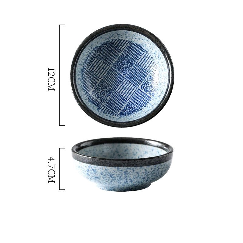 Bol à riz Seigaiha à motif quadrillé bleu, vues de dessus et de face avec schéma des dimensions