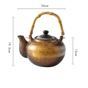 Théière japonaise Fujimori marron arrondie à anse haute avec schéma des dimensions
