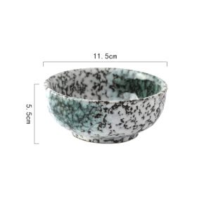 Bol en céramique Wakasugi blanc et bleu moucheté, avec schéma des dimensions