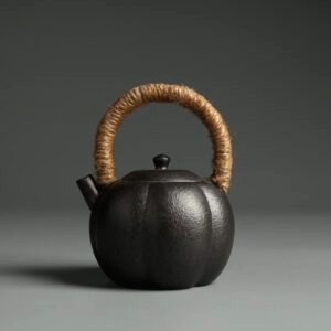 Mini théière traditionnelle noire à côtes et anse tressée, vue de face
