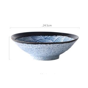 Grand bol Isa à décor de vagues bleues, vu de profil, avec schéma des dimensions