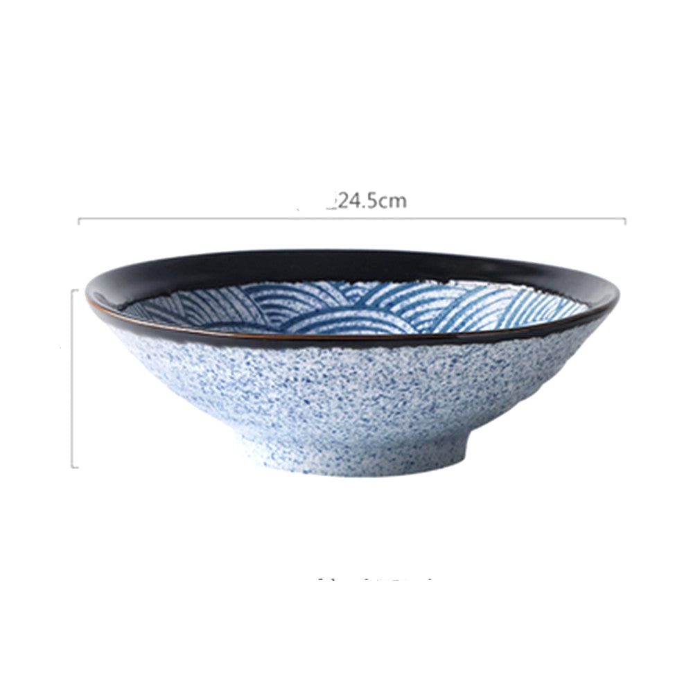 Grand bol Isa à décor de vagues bleues, vu de profil, avec schéma des dimensions