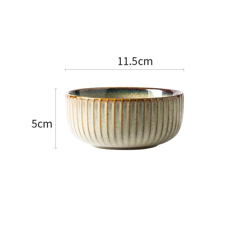 Petit bol Edano beige à extérieur strié, avec schéma des dimensions