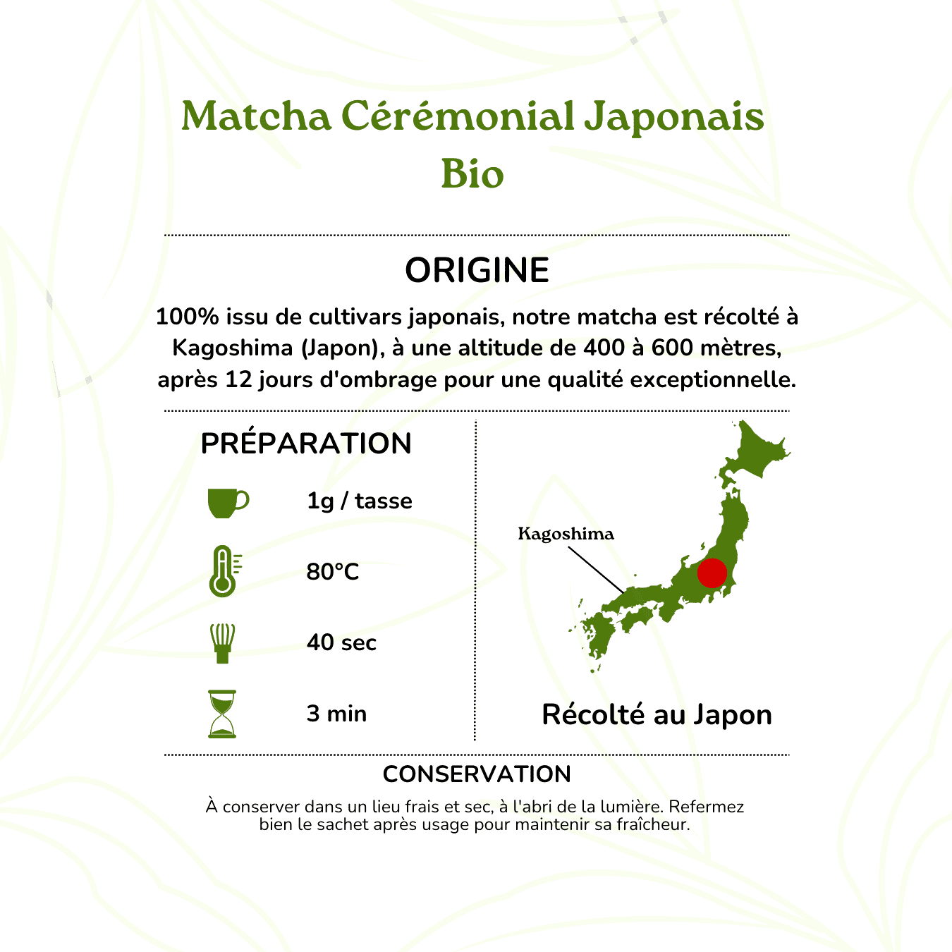 Étiquette du sachet de matcha avec carte d'origine et pictogrammes de préparation