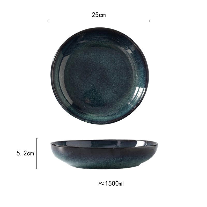 Grande assiette creuse Middonaitoburū bleu nuit, vues de dessus et de profil avec schéma des dimensions