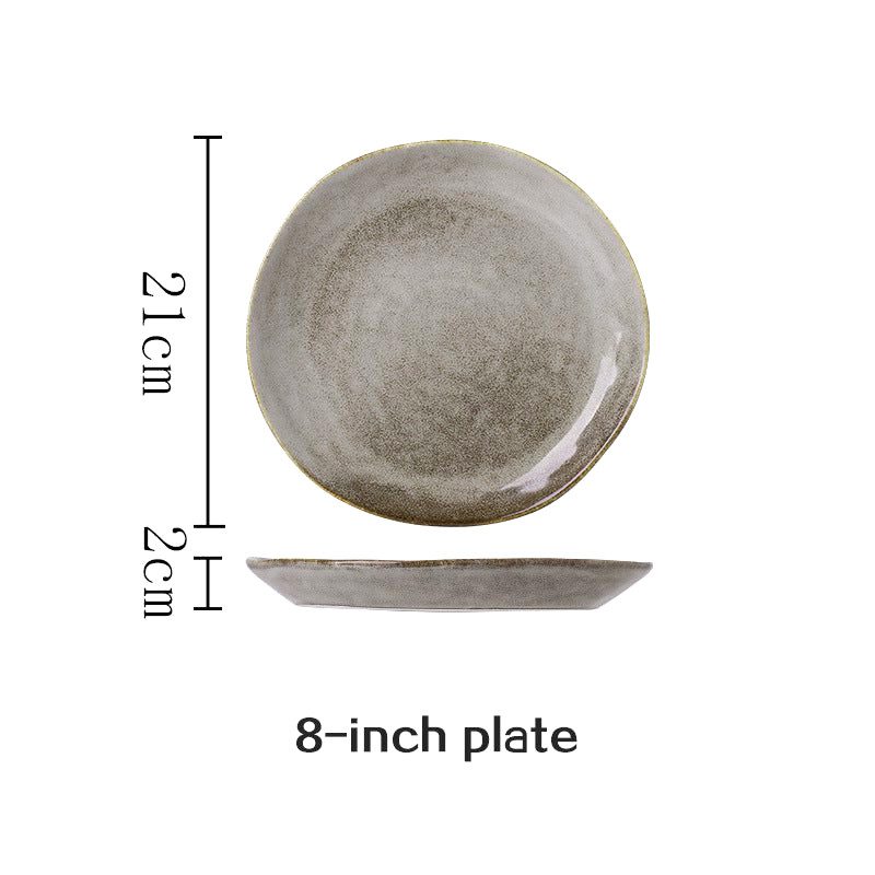 Petite assiette japonaise Kobo ronde grise, vues de dessus et de profil avec schéma des dimensions