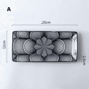 Assiette à sushi rectangulaire modèle A, motif géométrique noir, avec schéma des dimensions