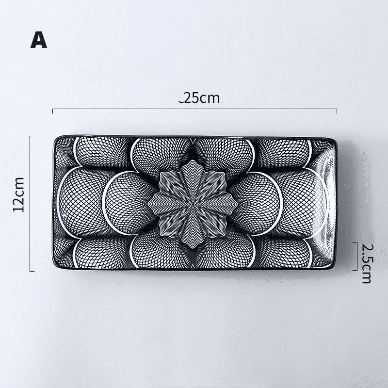 Assiette à sushi rectangulaire modèle A, motif géométrique noir, avec schéma des dimensions