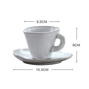Tasse et soucoupe Kōka-teki blanches, avec schéma des dimensions