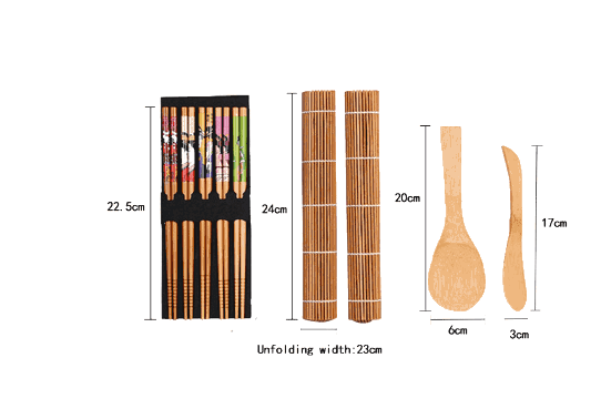 Contenu du kit sushi en bambou avec schéma des dimensions