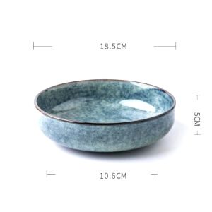 Bol à nouilles Ueda bleu moucheté, vue de profil avec schéma des dimensions