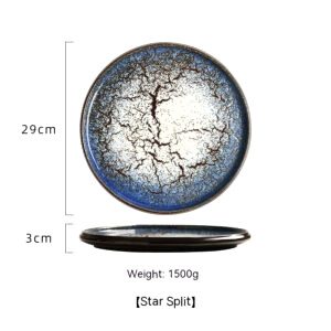 Assiette japonaise Hi to kōri bleu et blanc craquelé, vues de dessus et de profil avec schéma des dimensions