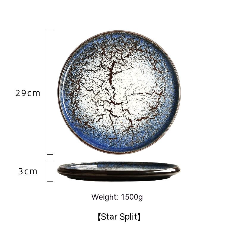 Assiette japonaise Hi to kōri bleu et blanc craquelé, vues de dessus et de profil avec schéma des dimensions