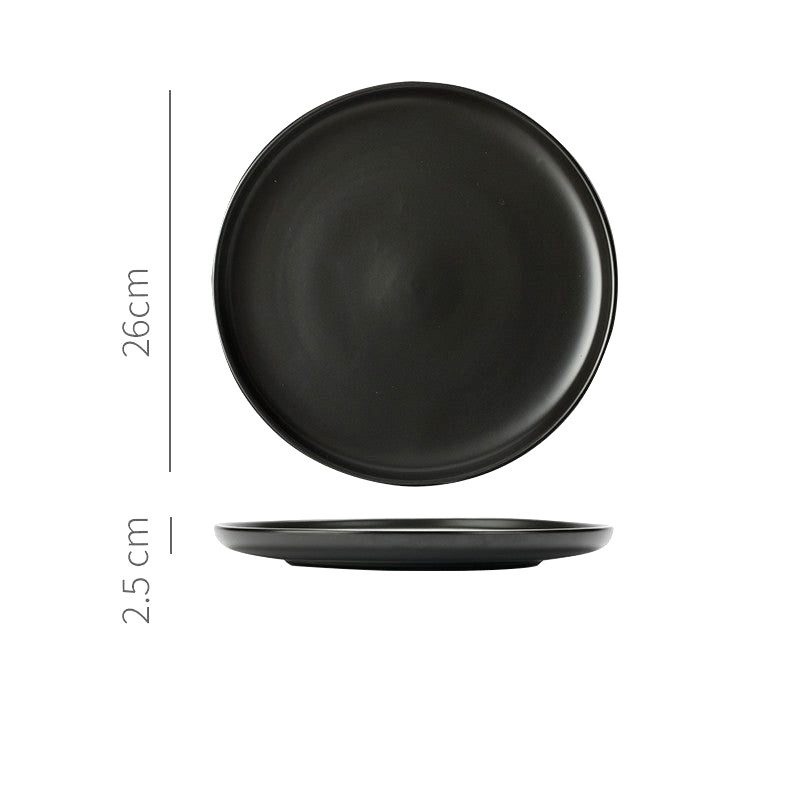 Grande assiette japonaise Okawa noir mat, vues de dessus et de profil avec schéma des dimensions