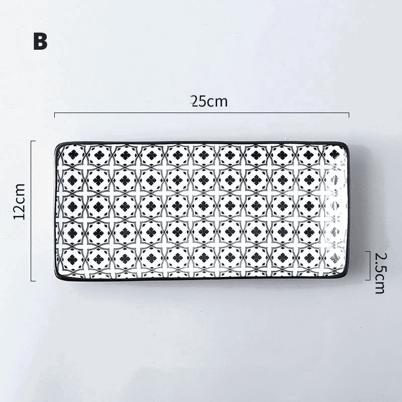 Assiette à sushi rectangulaire modèle B à motif quadrillé, avec schéma des dimensions