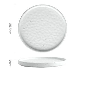 Grande assiette japonaise Tsuki blanche à relief martelé, vues de dessus et de profil avec schéma des dimensions