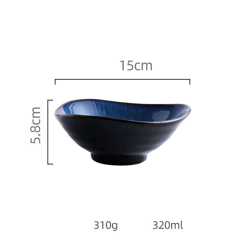 Bol à nouilles Nōkon bleu, vue de profil avec schéma des dimensions