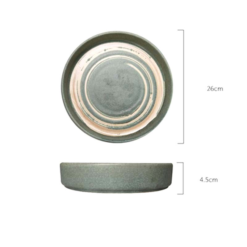 Grande assiette japonaise Azami vert malachite, vues de dessus et de profil avec schéma des dimensions