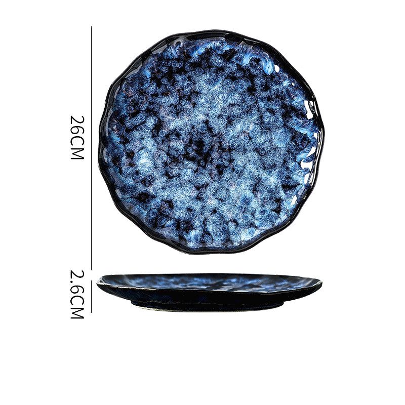 Grande assiette Mahōtsukai bleue, dessus et profil avec schéma des dimensions