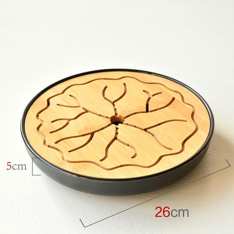 Plateau à thé rond en bambou à motif floral, bac noir, avec schéma des dimensions