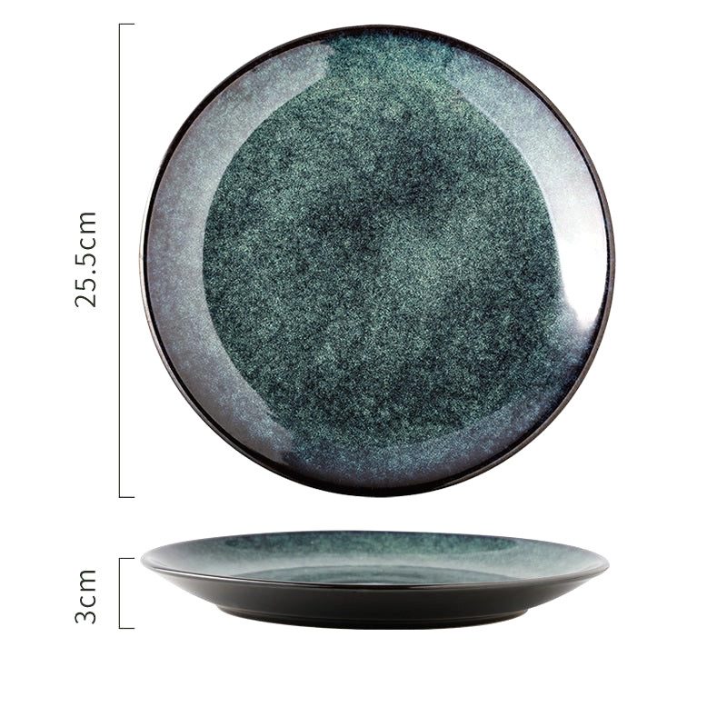 Grande assiette bleue Mihara vue de dessus et de profil, avec schéma des dimensions