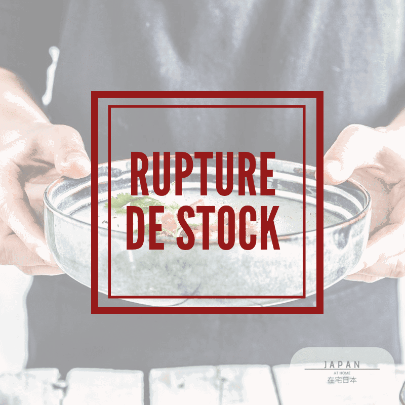 Bandeau rupture de stock posé sur une photo d'assiette Shintani tenue à deux mains